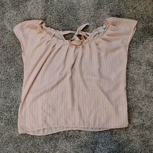 Flowy Blush Pink Heart Printed Pleated Neckline Sheer Blouse Lauren Conrad Sz M